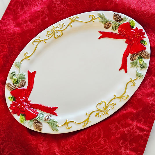 Poinsettia Christmas serving platter ceramic red and white design