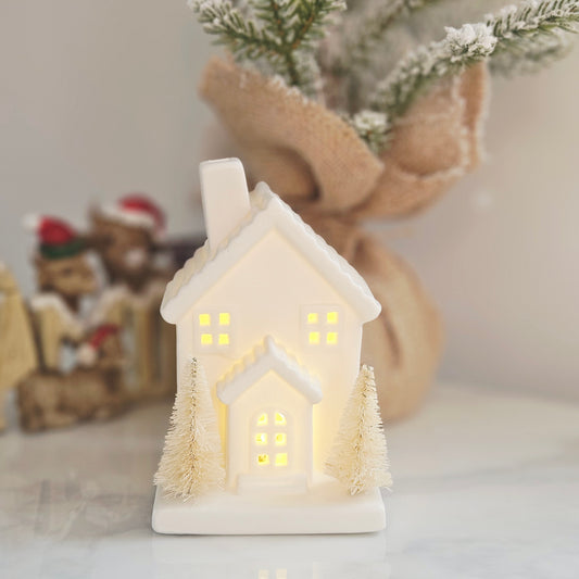 White LED ceramic Christmas house with trees light up decoration