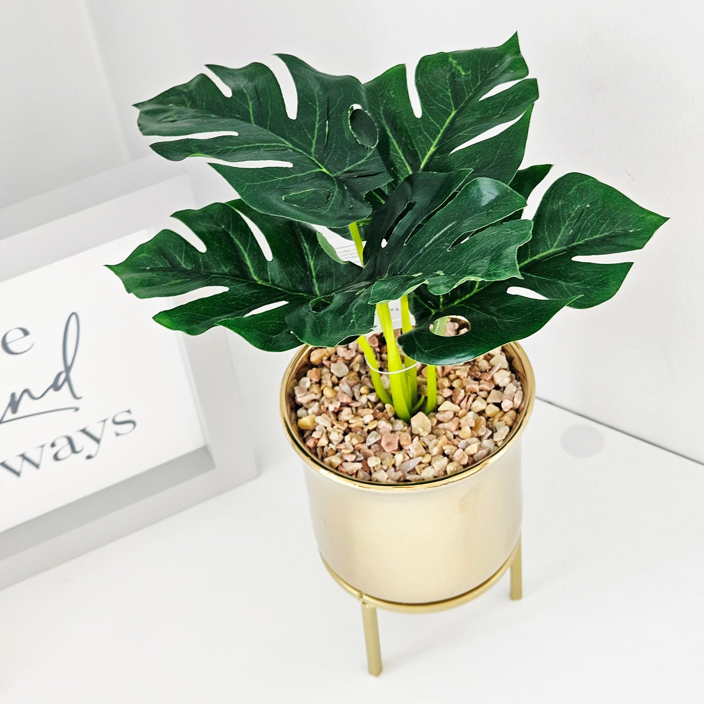 Gold Footed Planter With Faux Plants