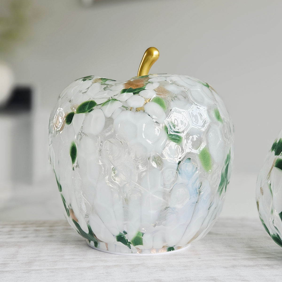 17cm LED green spotted textured glass apple ornament with warm white lights and gold stem for elegant home décor