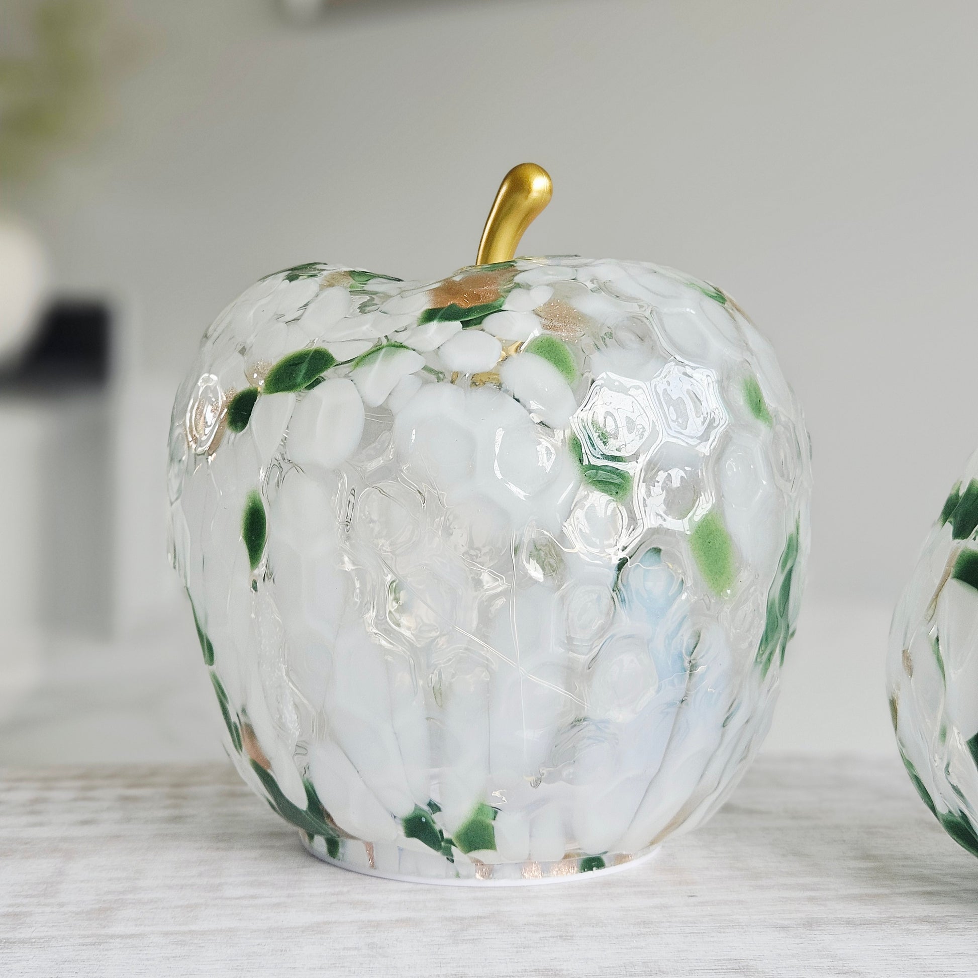 17cm LED green spotted textured glass apple ornament with warm white lights and gold stem for elegant home décor