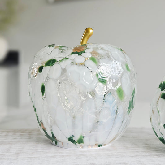 17cm LED green spotted textured glass apple ornament with warm white lights and gold stem for elegant home décor