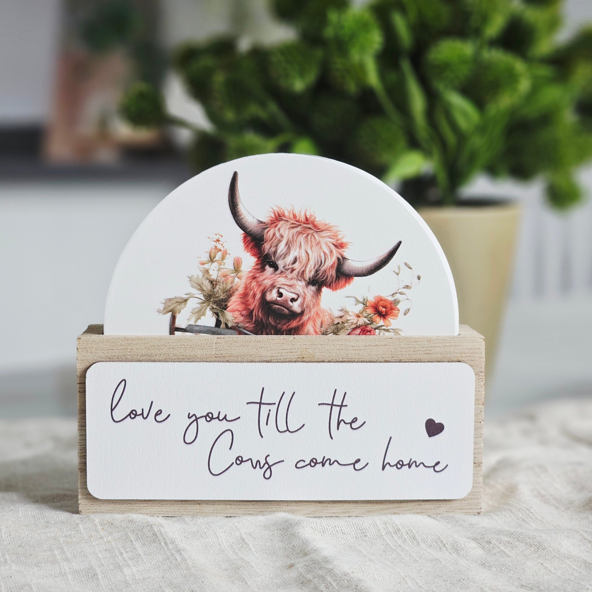 love you till the cows come home set of 4 highland cow coasters in a wooden box