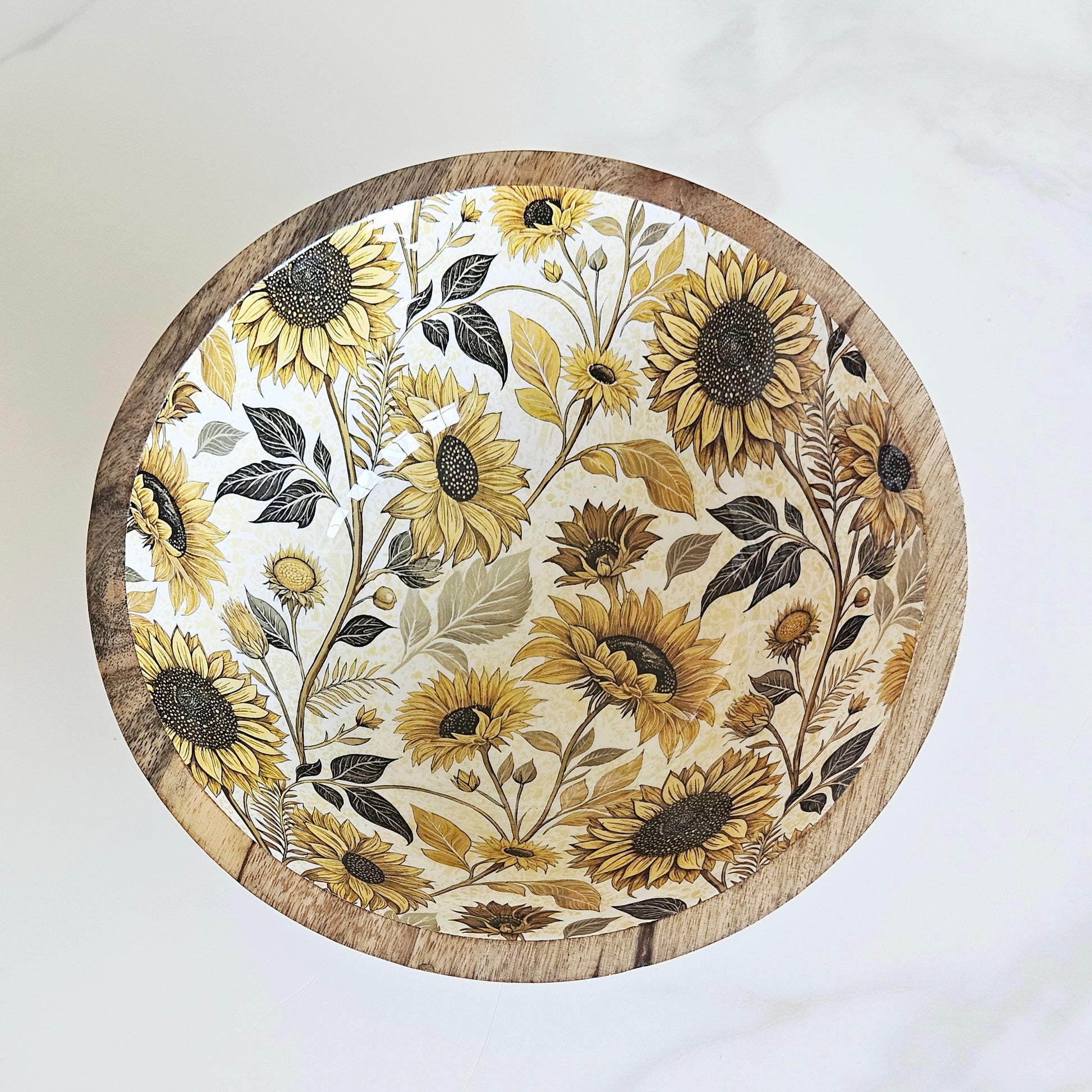 Round wooden mango wood bowl with sunflower design all over inside