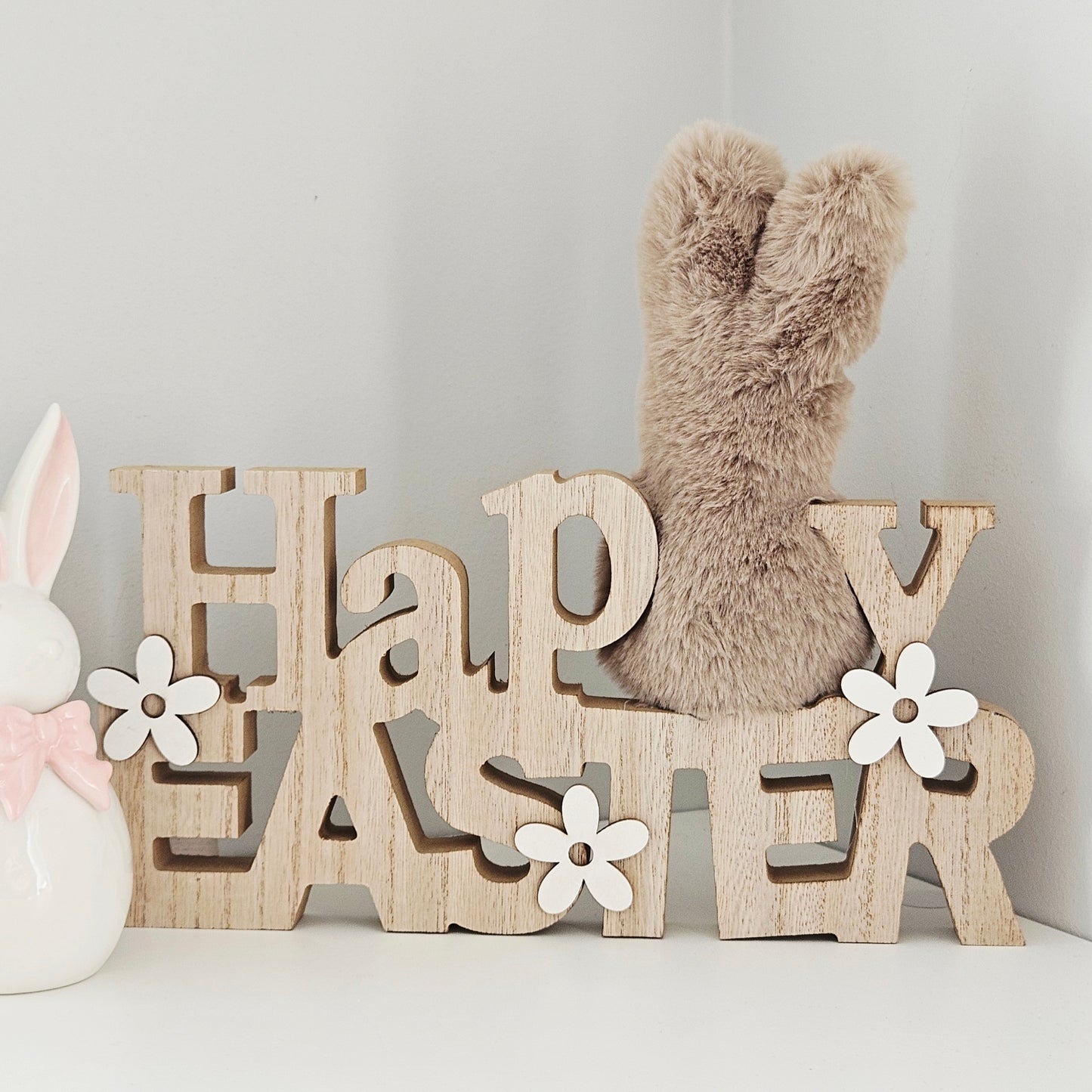 Happy Easter Wooden Block With Fur Bunny