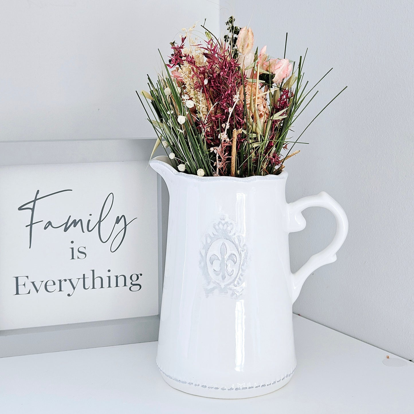 Fleur De Lis Jug Vase in white French country jug with distressed finish