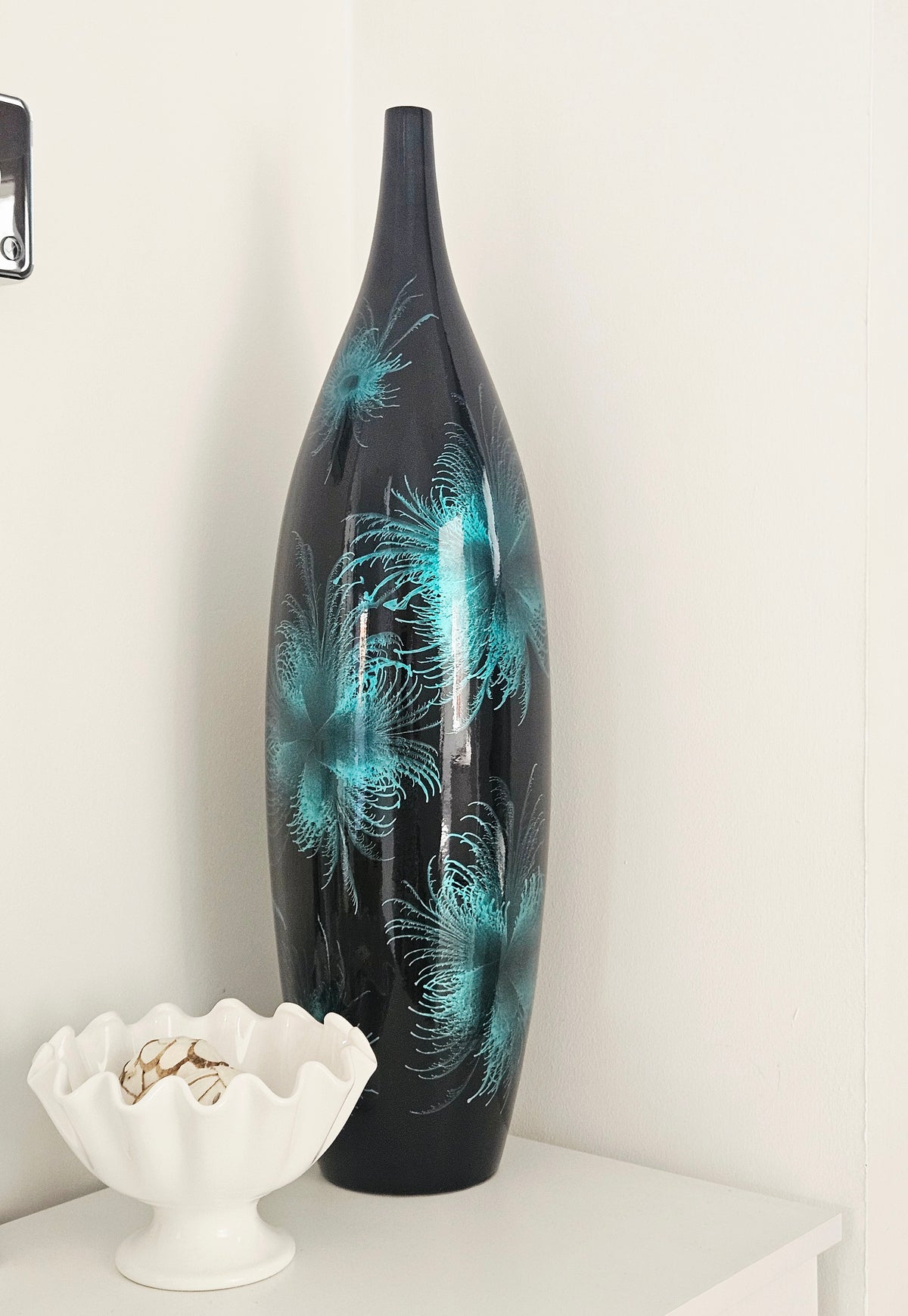 Blue Firework tall narrow neck ceramic vase 60cm with black and blue patterned design