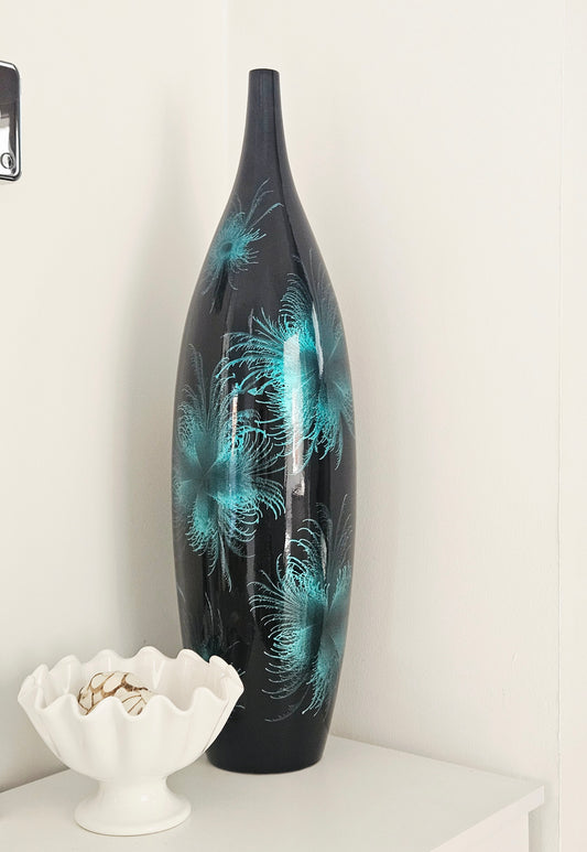 Blue Firework tall narrow neck ceramic vase 60cm with black and blue patterned design