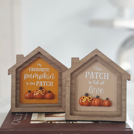 Harvest Home wooden framed house easel plaque with resin pumpkins in assorted autumn designs, rustic farmhouse seasonal home decoration.
