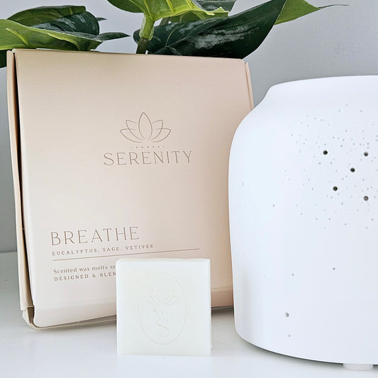 serenity breathe set of 9 wax melts eucalyptus sage and vetiver scented in a pink box