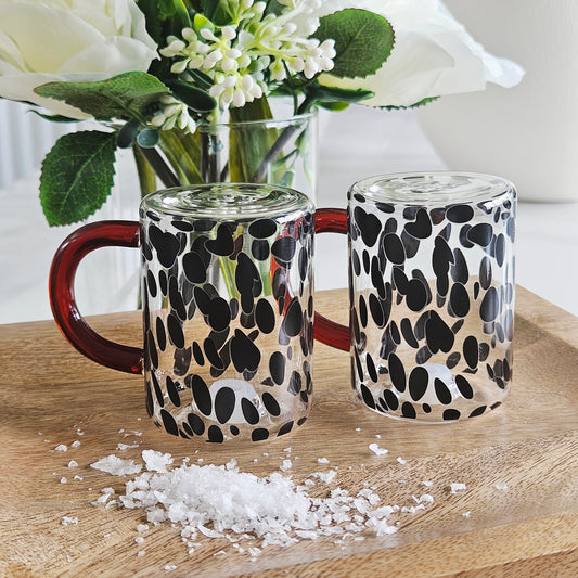 glass dalmation print salt n pepper small shakers with brown handle