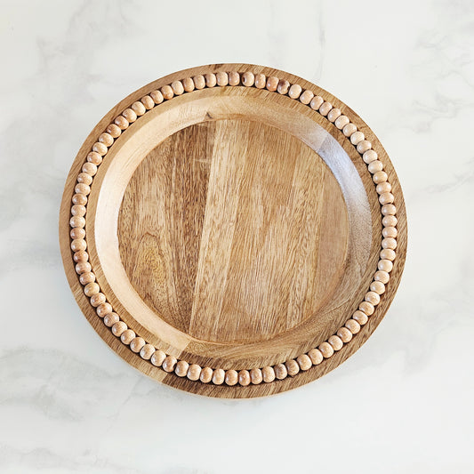wooden beaded round tray with rise 25cm
