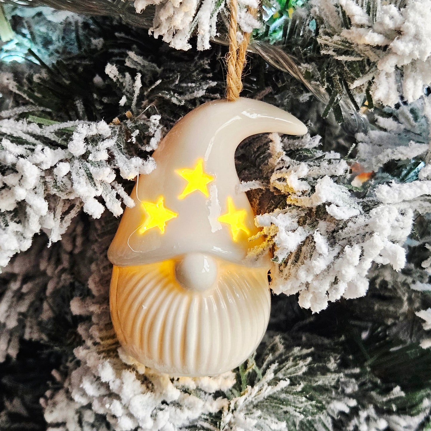 gonk tree decoration with led lights in stars hat made of ceramic