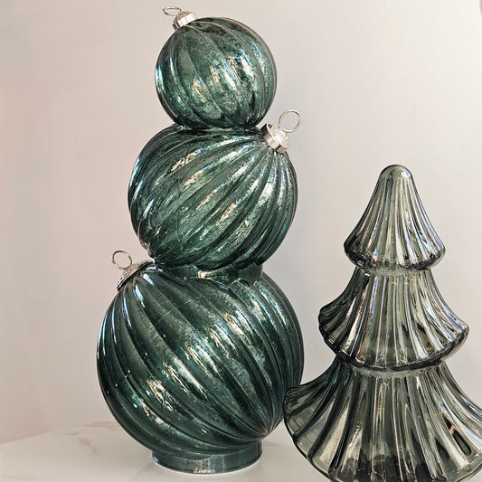 Three stacked ribbed glass Christmas bauble led ornament in a smoky teal-green colour