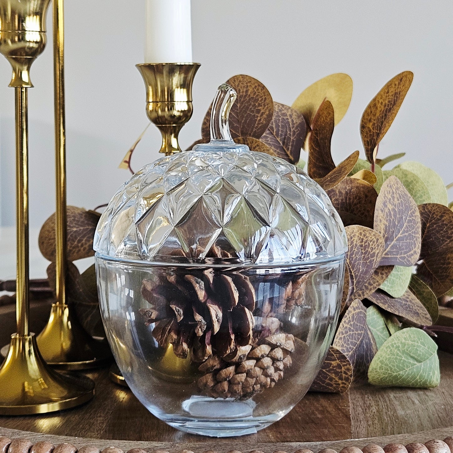 decorative glass acorn jar with removable lid