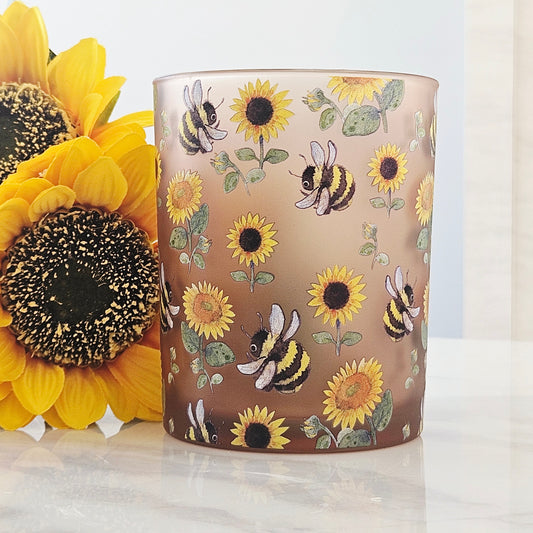 Decorative glass candle holder with sunflower and bee pattern 12.5cm