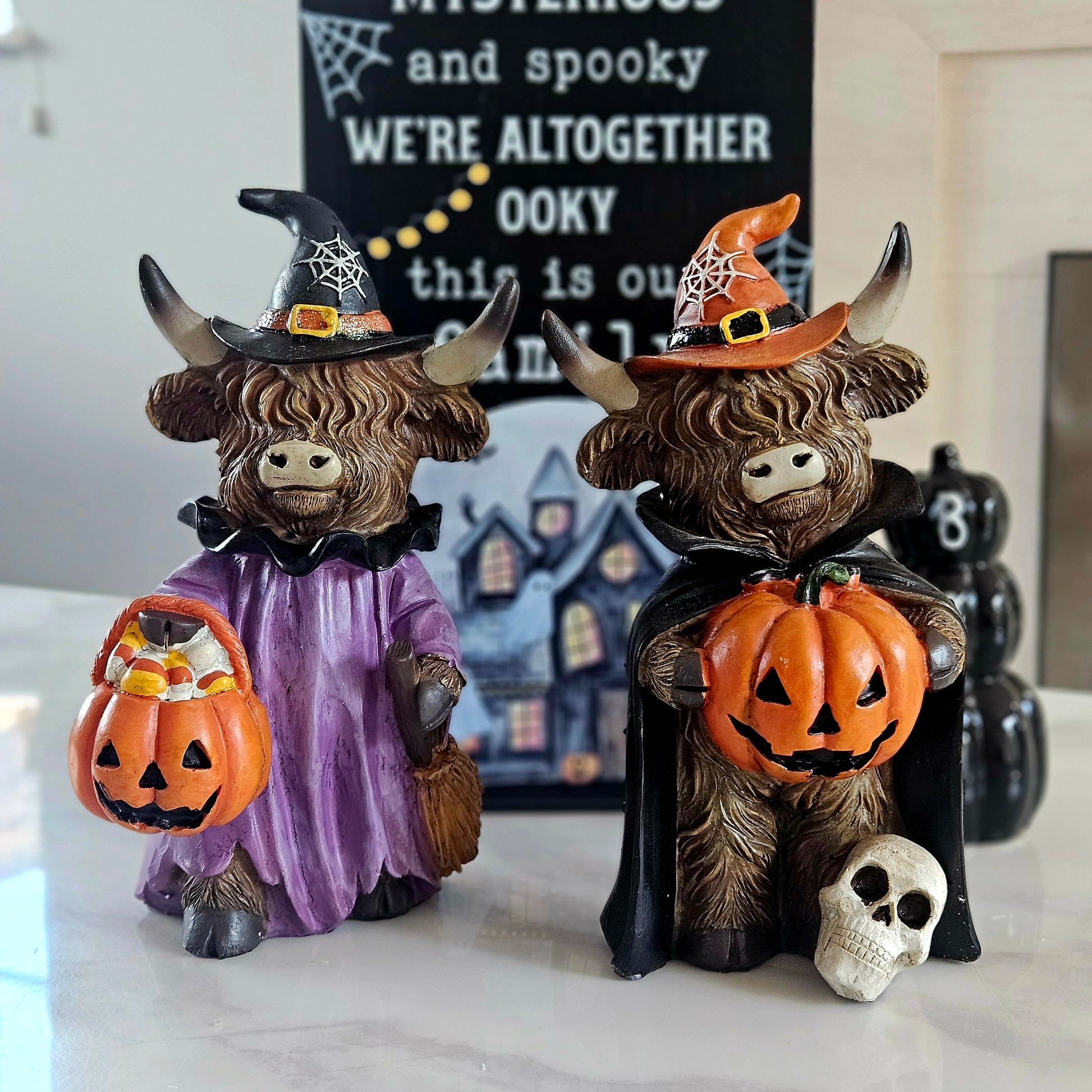 Halloween Highland Cow witch ornament 20cm with witch hat, pumpkin and spooky seasonal details