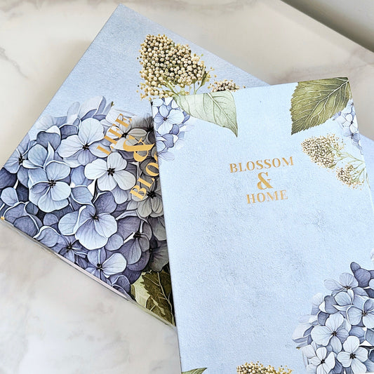set of 2 Hydrangea storage boxes in a blue and green floral display 