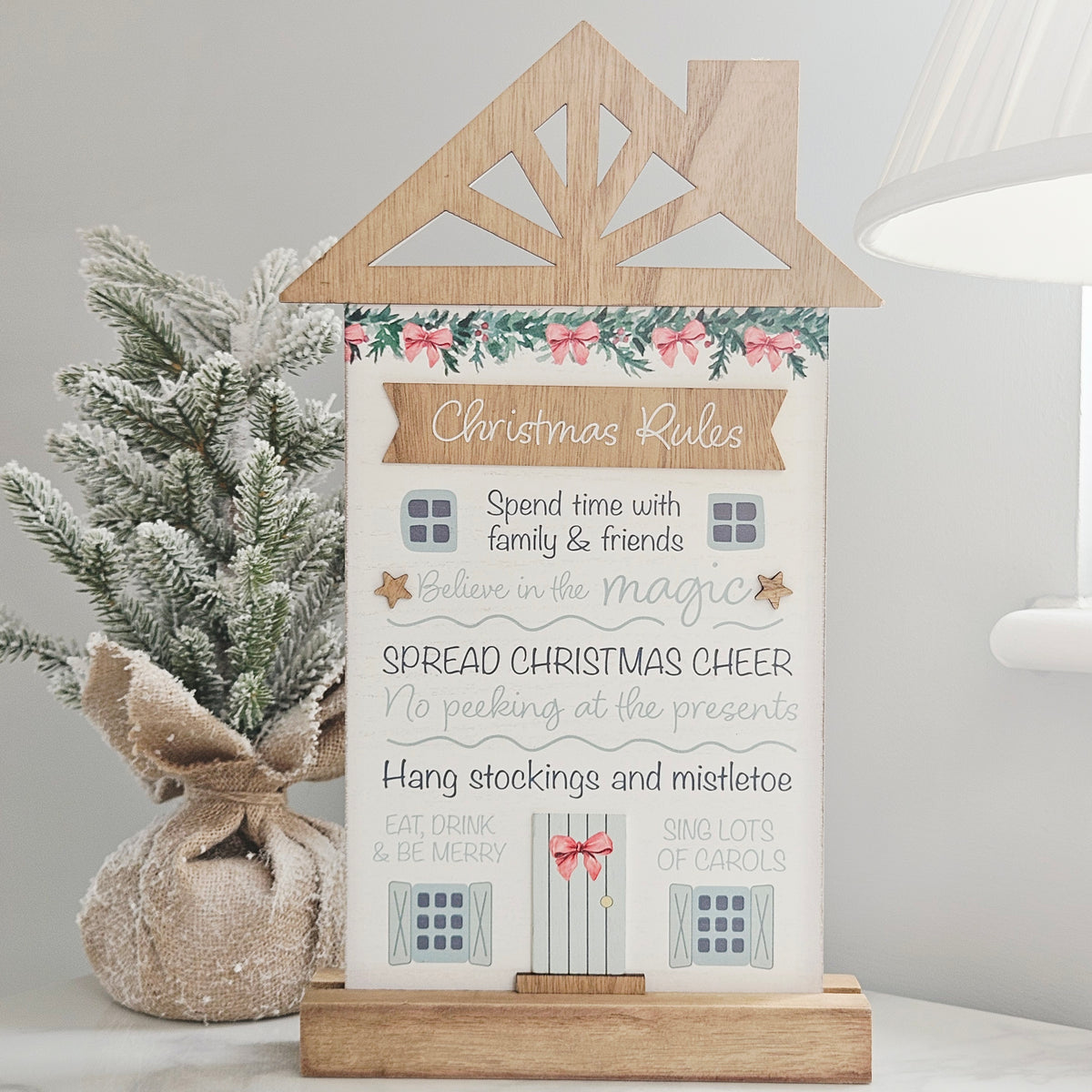 Holly Cottage Christmas Rules standing wooden house plaque 41CM