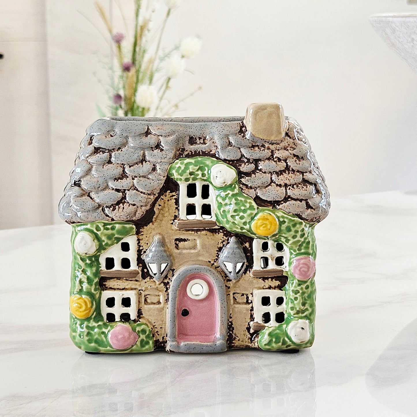 stoneware wax warmer rose garland cottage with pink door