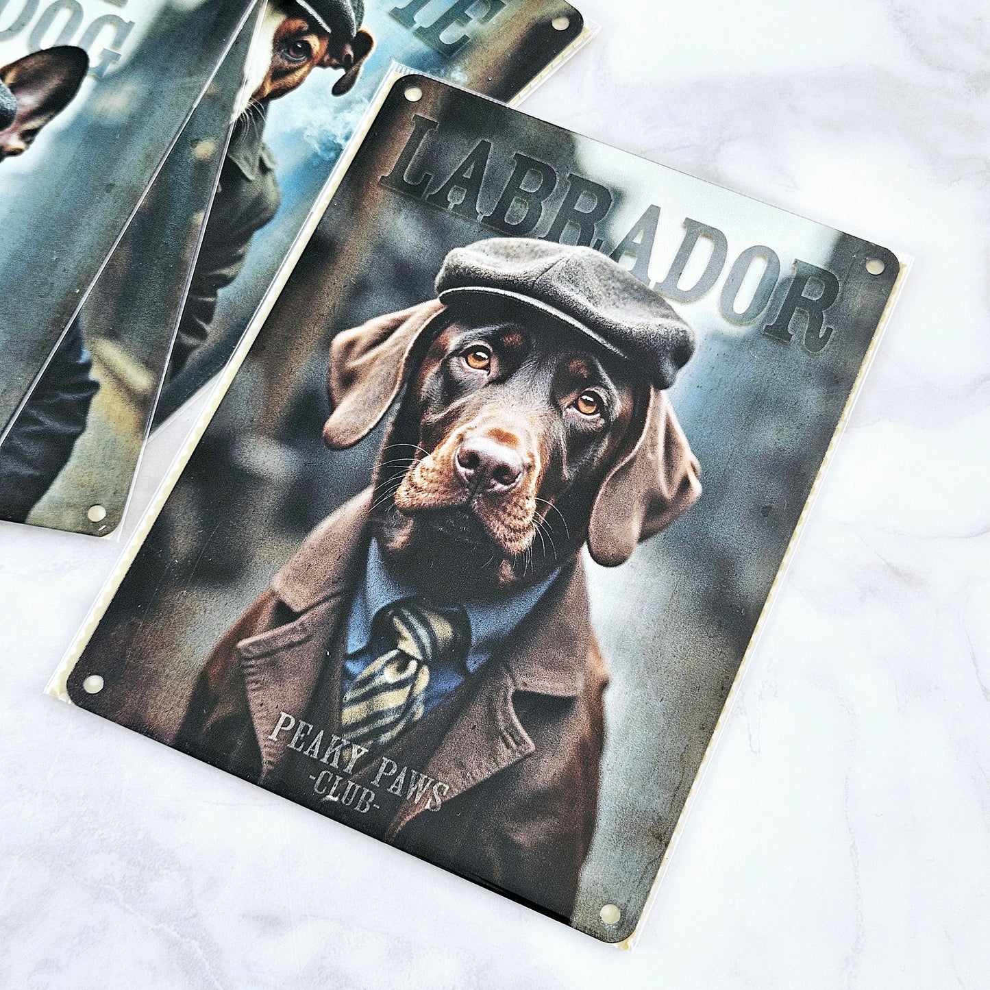 labrador dressed peaky blinders metal dog plaque 20cm