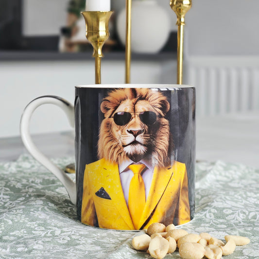 Mug with a lion wearing sunglasses and a yellow suit 