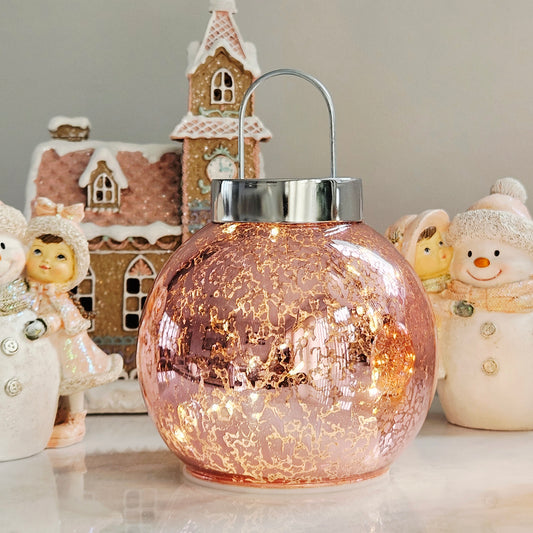 Pink mercury glass led bauble ornament with silver top 16cm