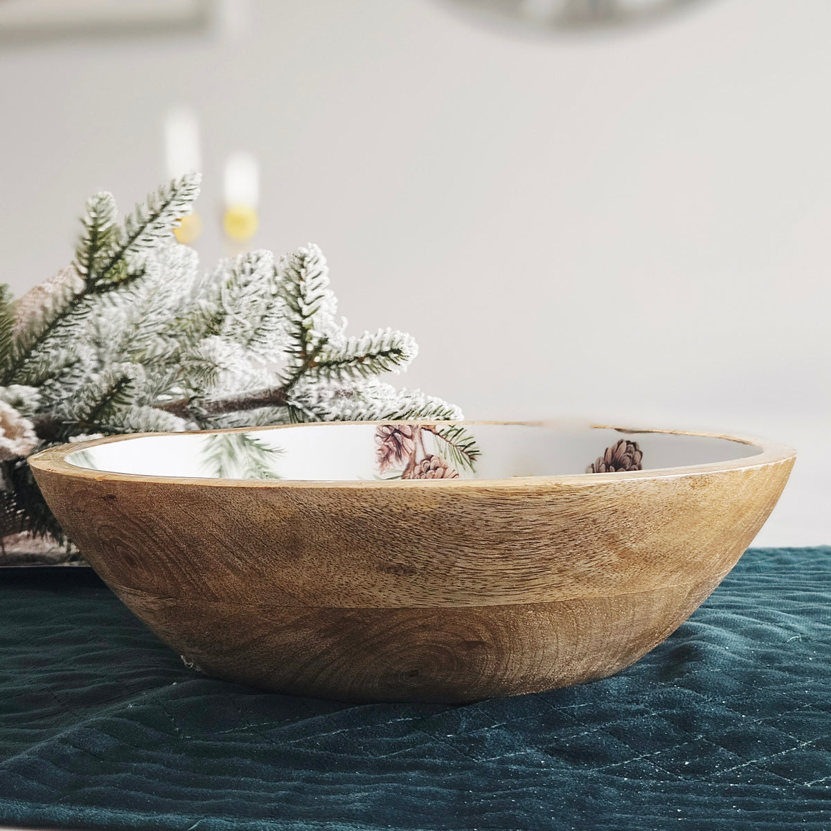 Evergreen Fir & Pinecone Mango Wood- Rustic Christmas Bowl