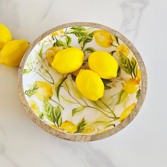 Round mango wood lemon bowl with lemon design 25cm