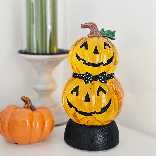 12x22cm LED pumpkin stack glitter water spinner with stacked jack o lantern Halloween decoration