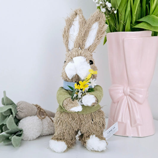 natural materials bunny 30cm holding flowers wearing a green jumper