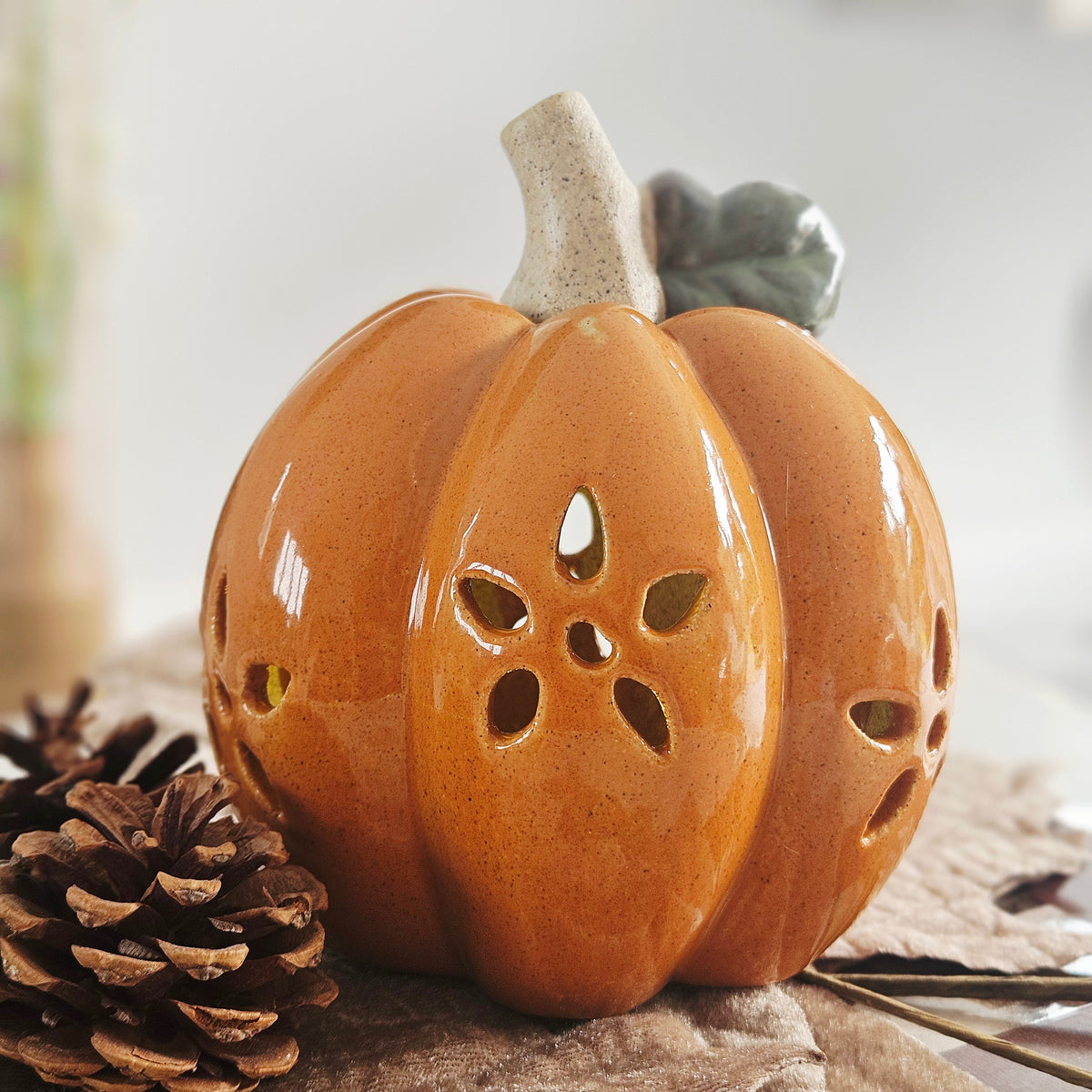 Porcelain LED pumpkin decoration with warm light for autumn and Halloween home deco