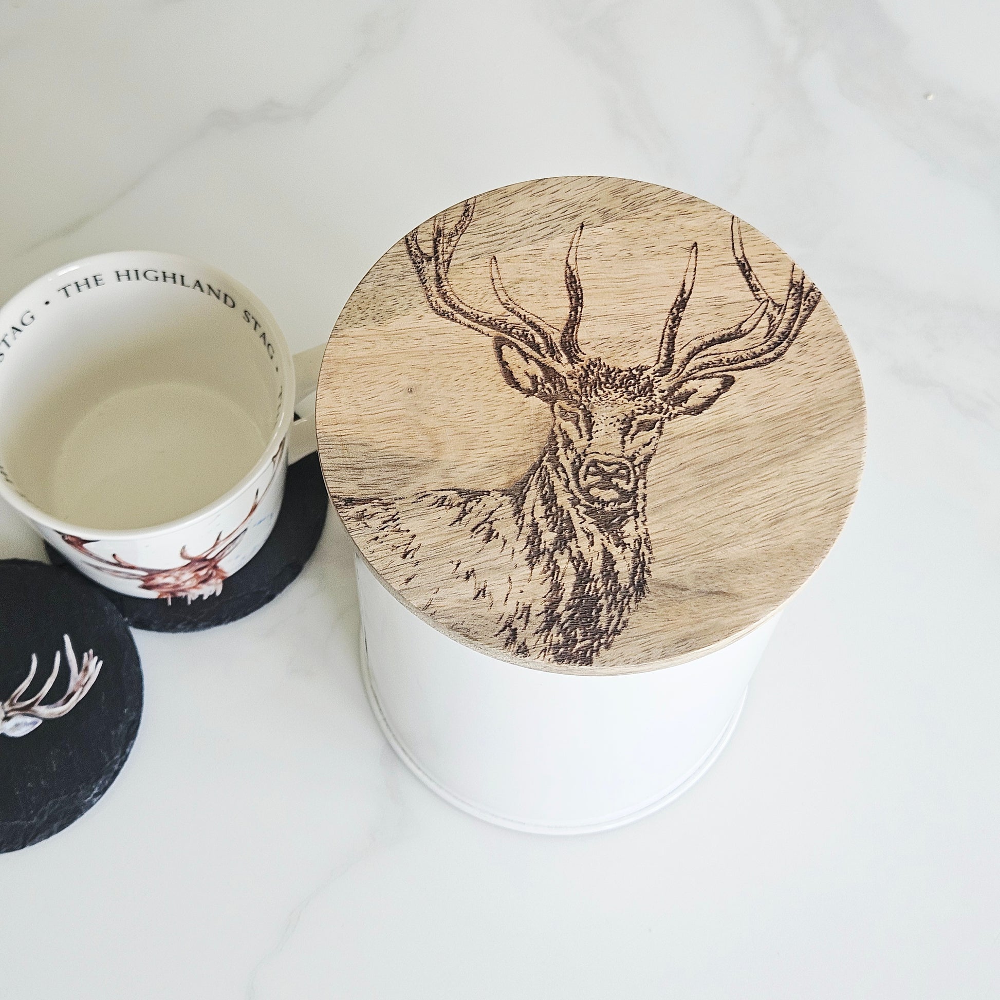 stag design metal canister with air tight mango wood lid 18cm