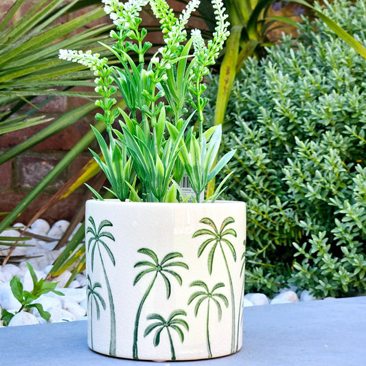 palm tree planter with green palm trees and reactive crackle glaze 12cm
