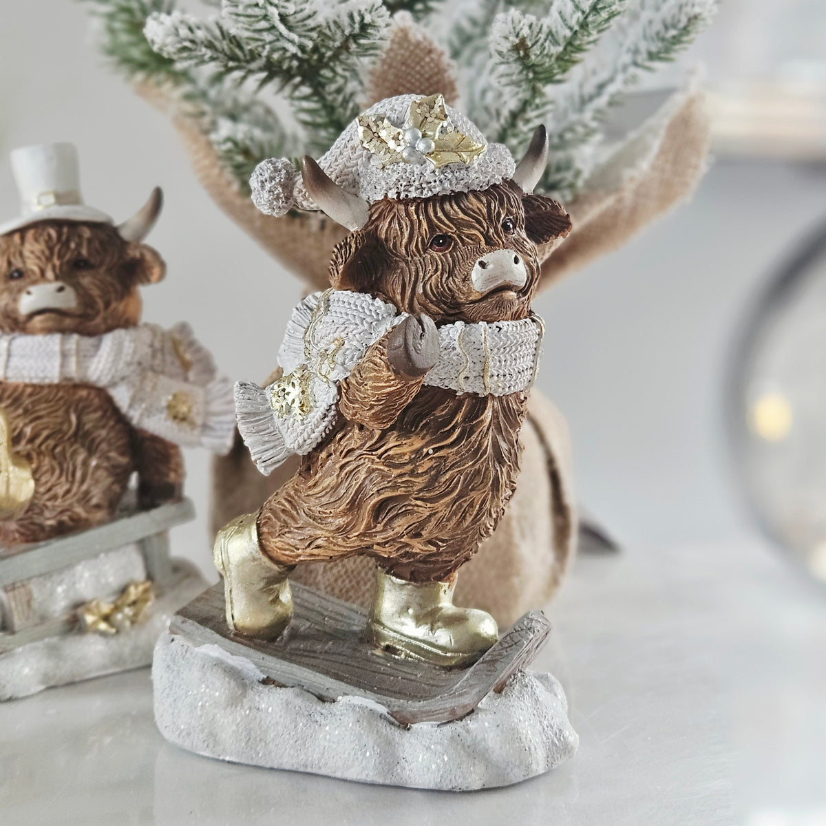 christmas highland cow on a sledge 16cm whit and gold
