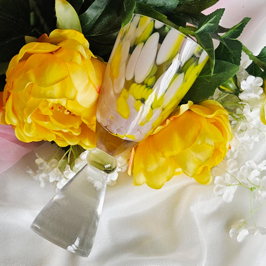 lemon yellow and blush pink champagne glass with thick chunky stem