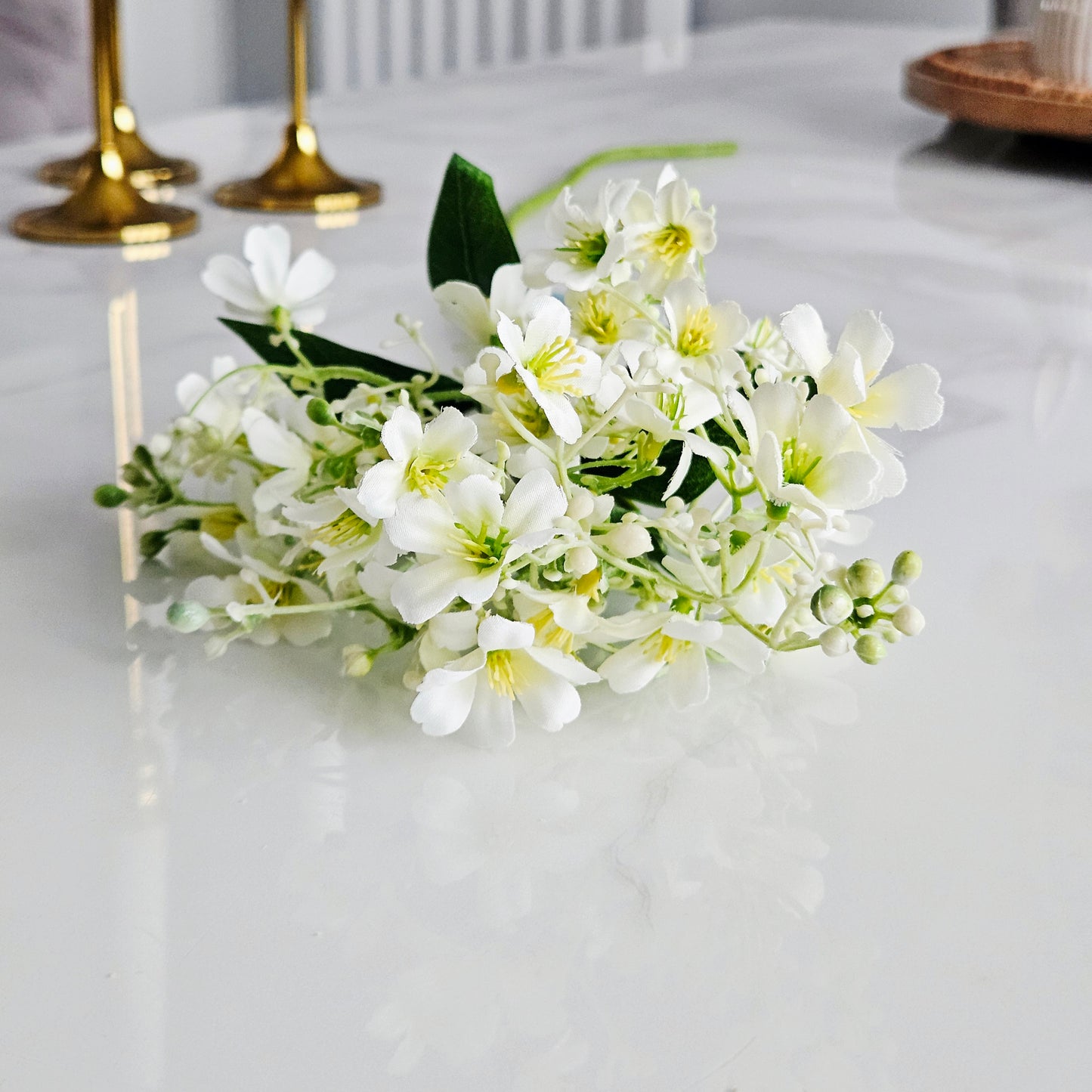Artificial  jasmine white flowers and green leaves on a stem 70cm