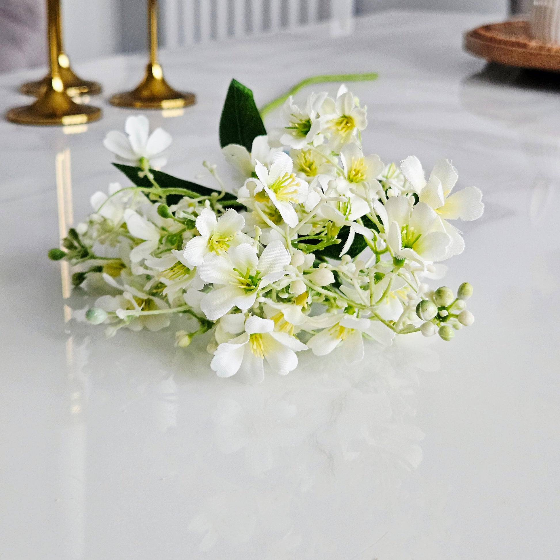Artificial  jasmine white flowers and green leaves on a stem 70cm