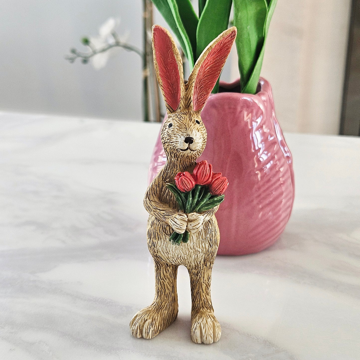 Decorative rabbit figurine holding tulip flowers 14cm
