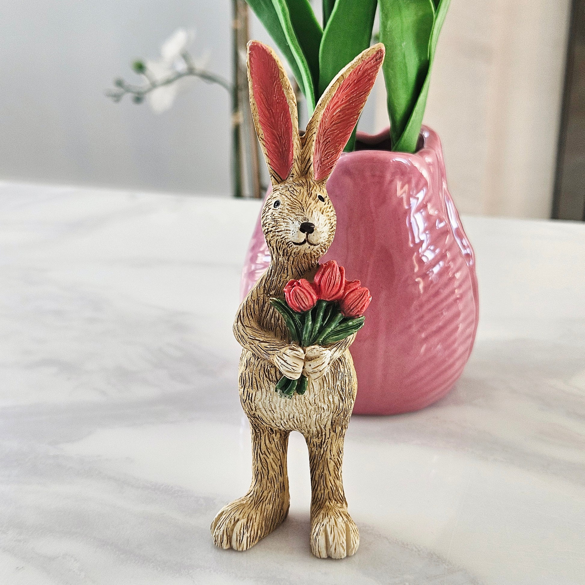 Decorative rabbit figurine holding tulip flowers 14cm
