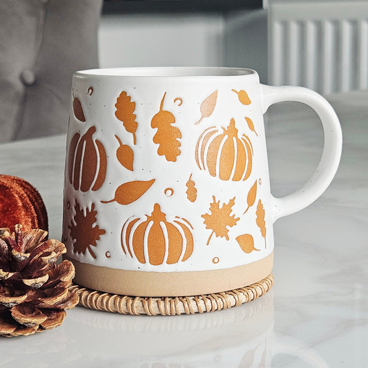 tapered autumn pumpkin stoneware mug with leaves