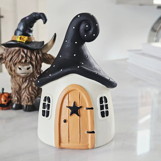 ceramic witches hat house ornament 13cm black and white