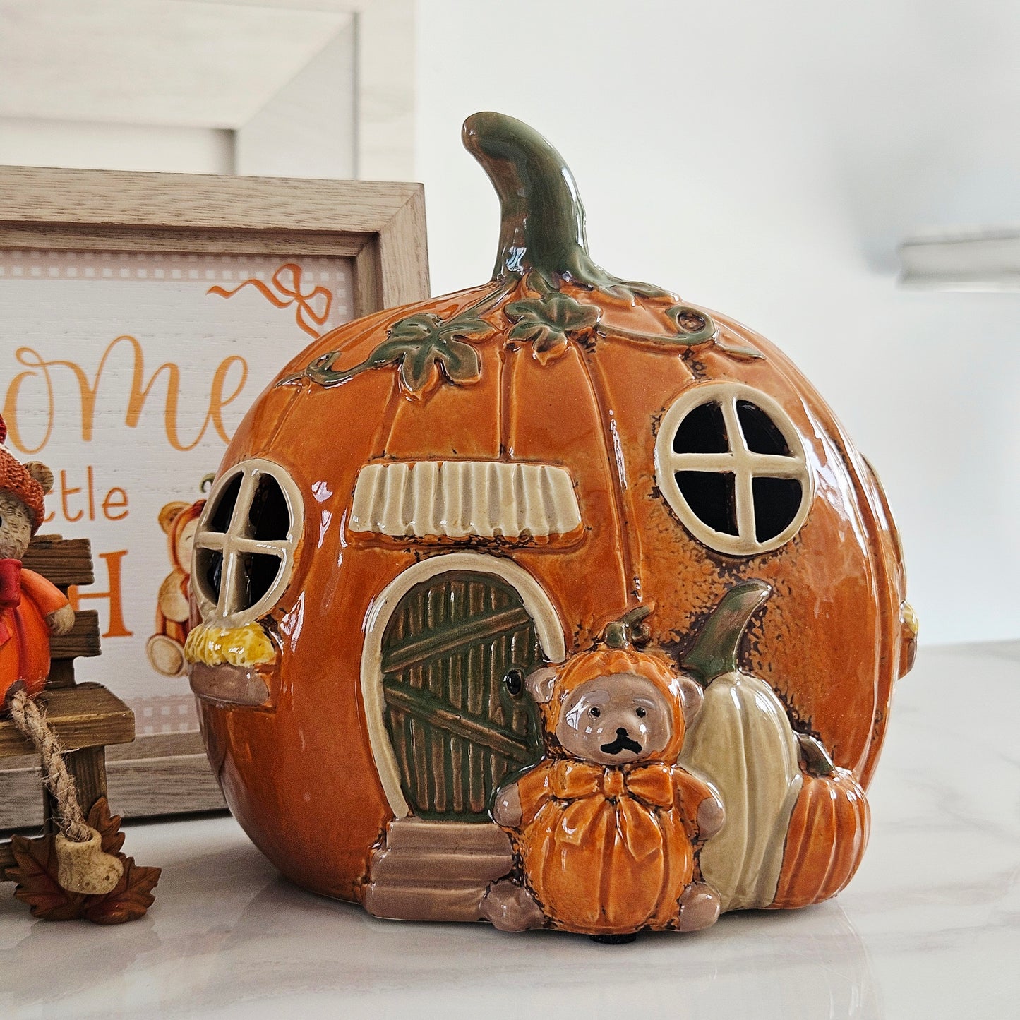 Stoneware Pumpkin House Tea Light Holder | Hand Painted