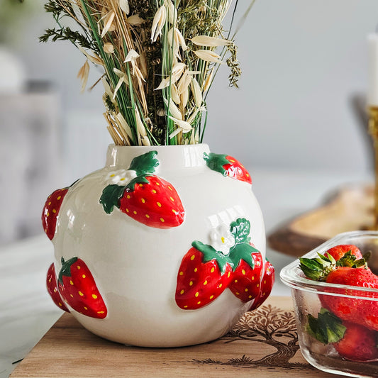 cottage garden strawberry handprinted vase 