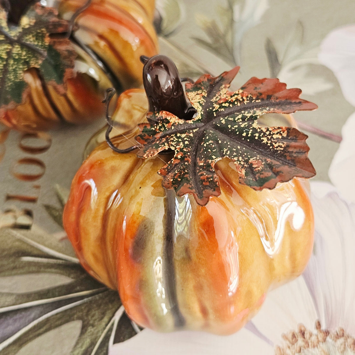 Ceramic Pumpkin with Metal Leaf - Autumn Decor