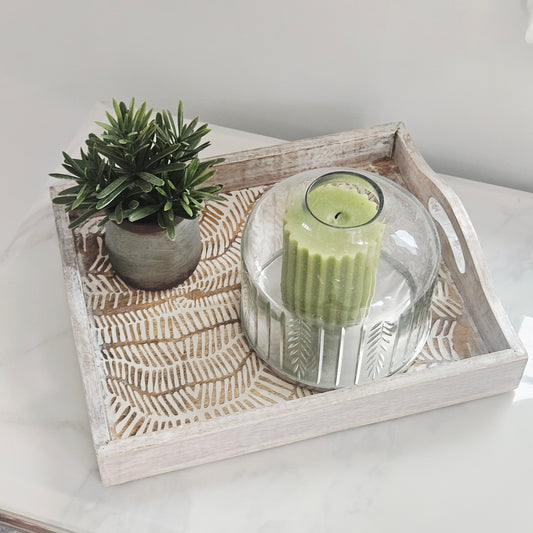 Patterned Wooden Tray 31cm | White Wash Decorative Tray