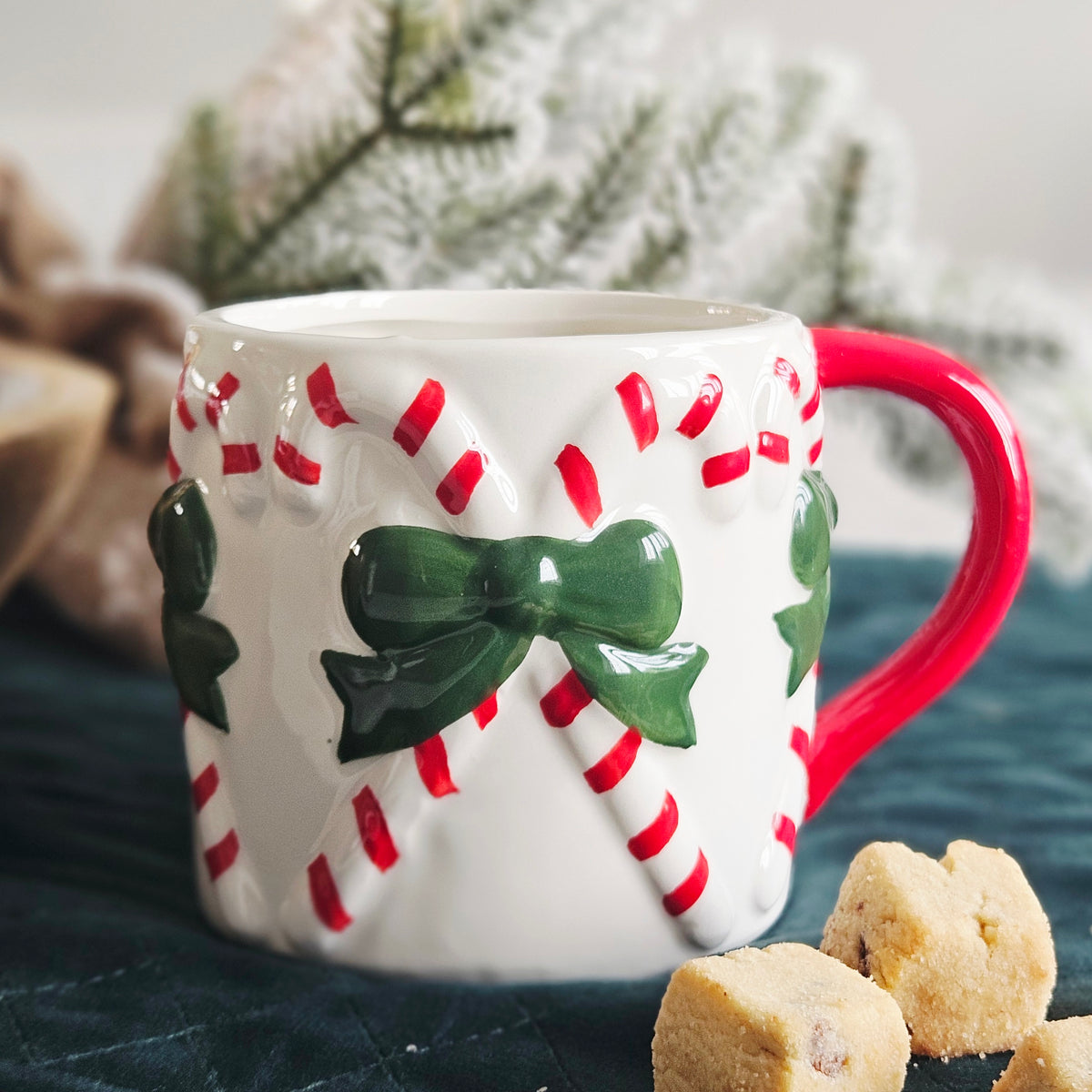 Embossed Ceramic Christmas Mug – Candy Cane & Bow Design
