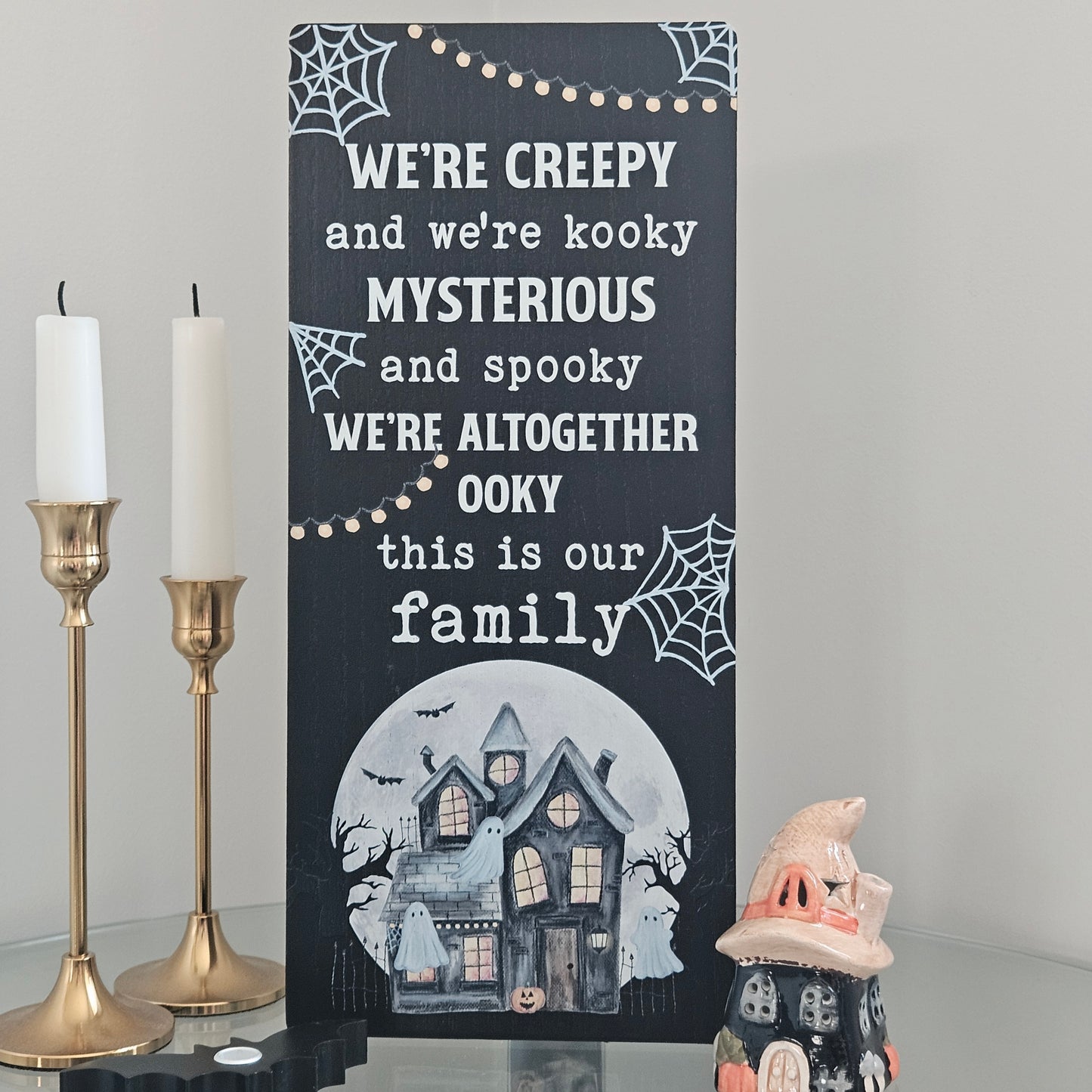 Creepy Cuties Wooden Tall Plaque with Haunted House & Ghosts