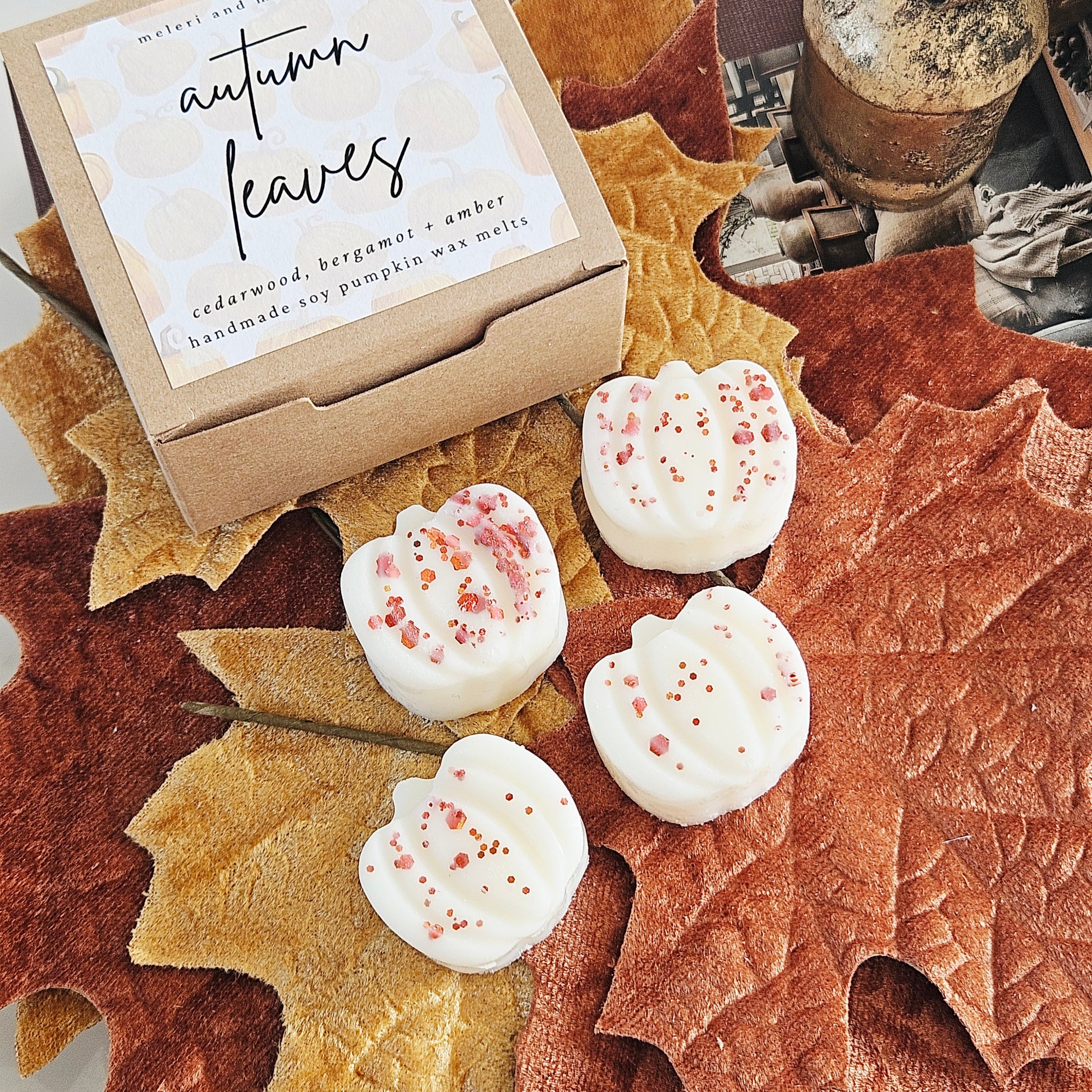 Autumn Leaves Pumpkin Patch soy wax melts handmade with natural soy wax, cosy autumn home fragrance featuring pumpkin patch and fall leaves.