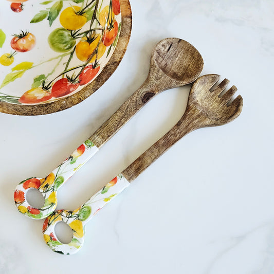 mango Wood salad servers with tomatoes on handles